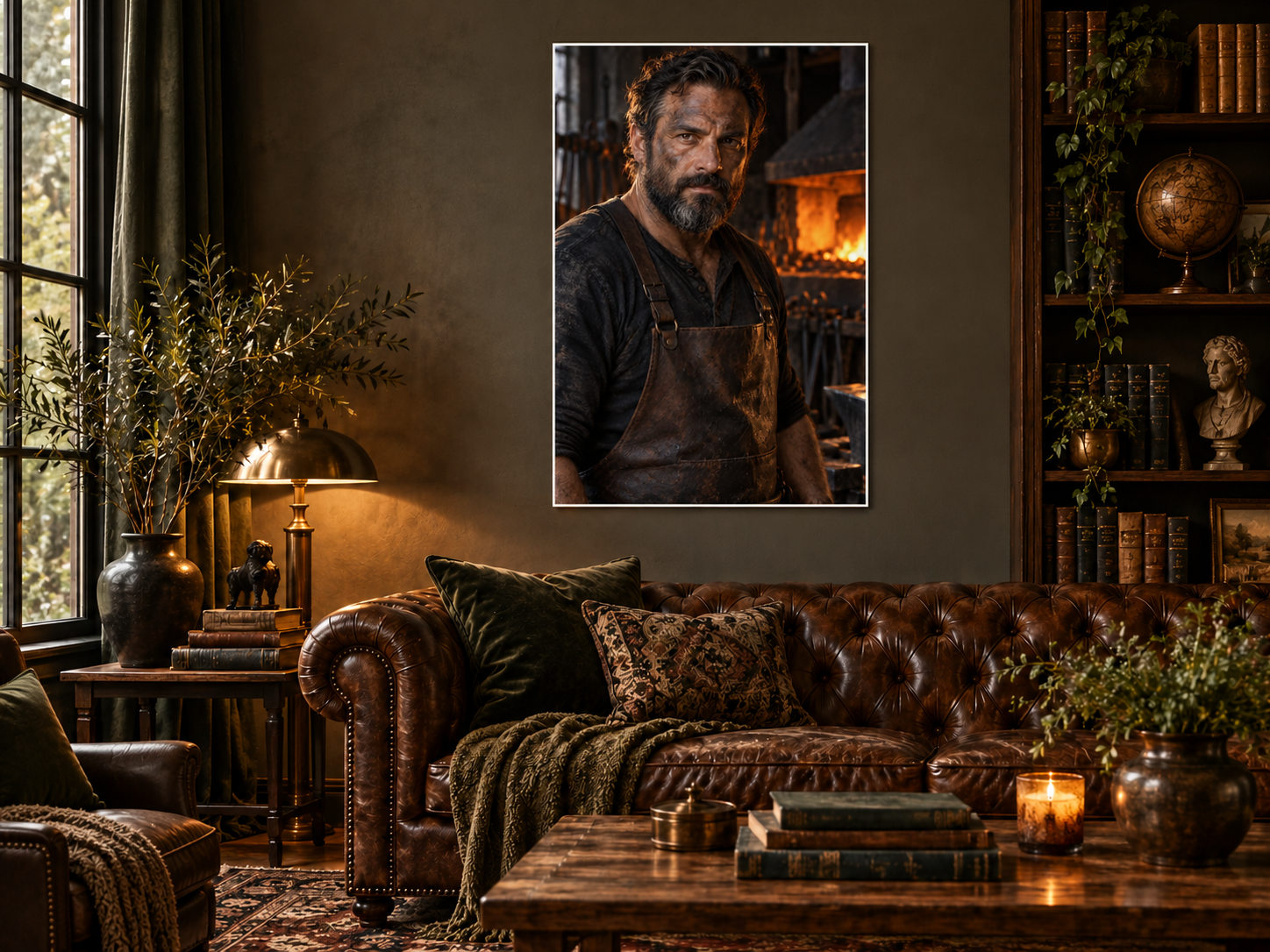 Blacksmith art print displayed in a styled living room