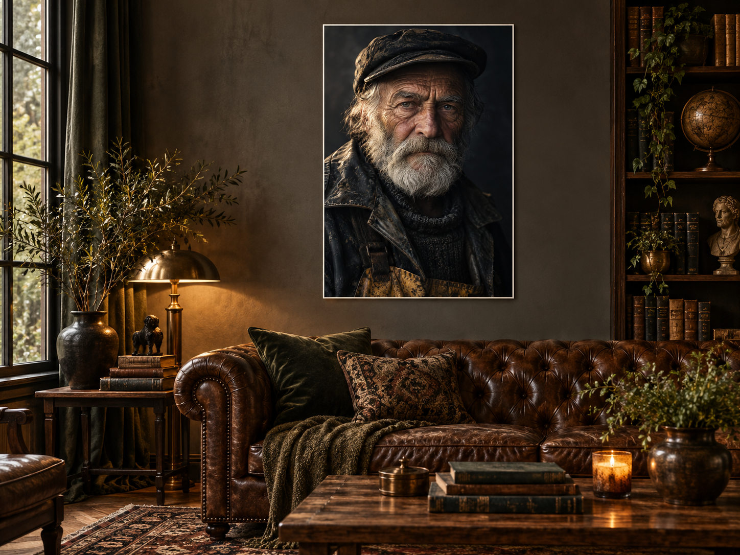 Fisherman art print displayed in a styled living room