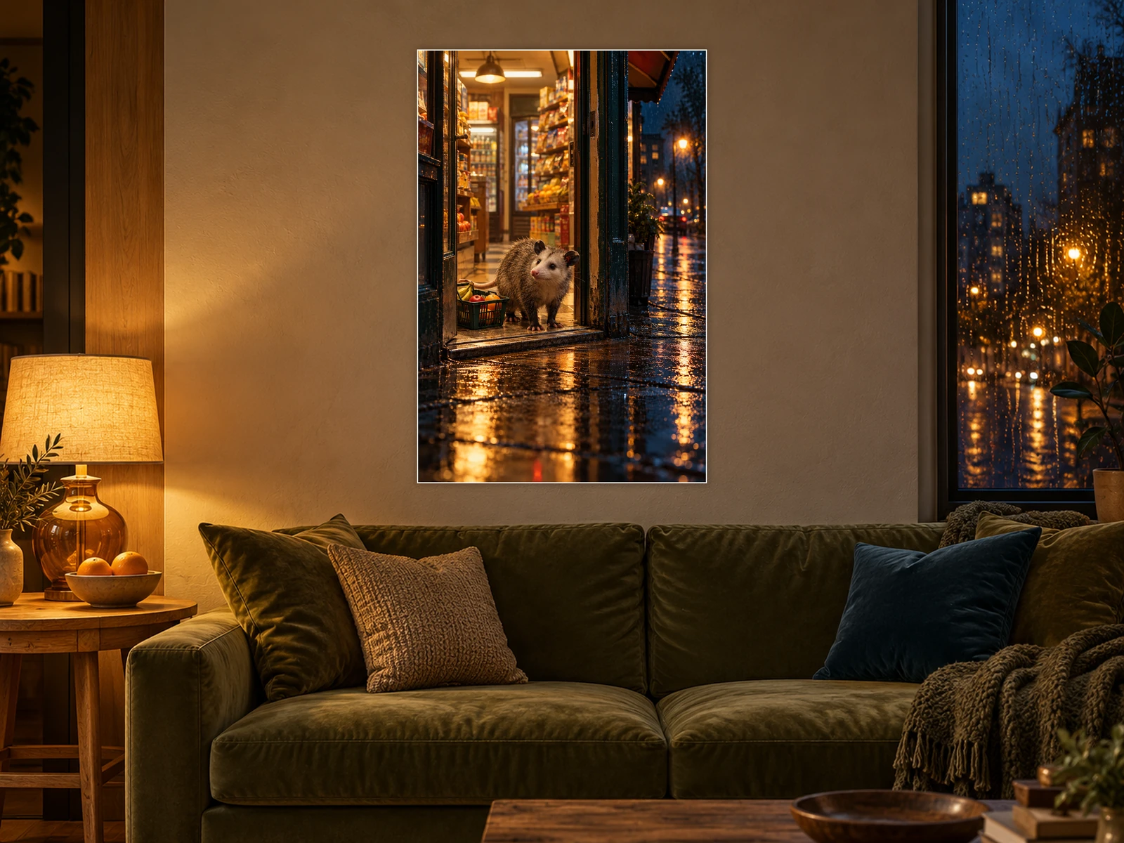 The Corner Store unframed poster displayed in a living room