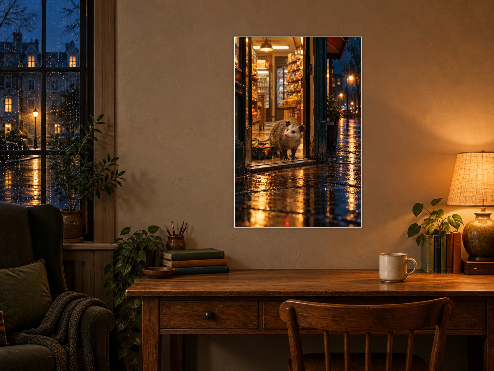 The Corner Store unframed poster displayed in a study