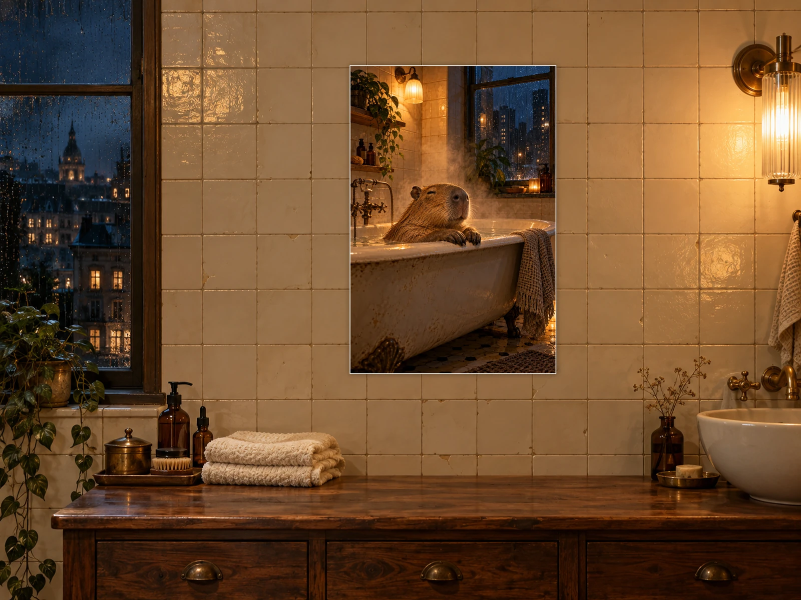 Just a Little Longer unframed poster displayed in a bathroom