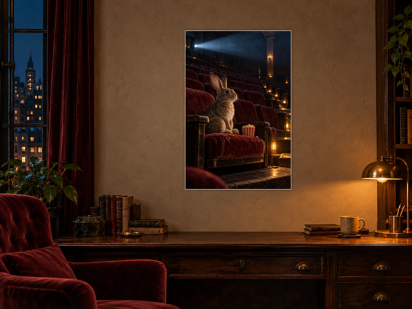 The Late Screening unframed poster displayed in a study