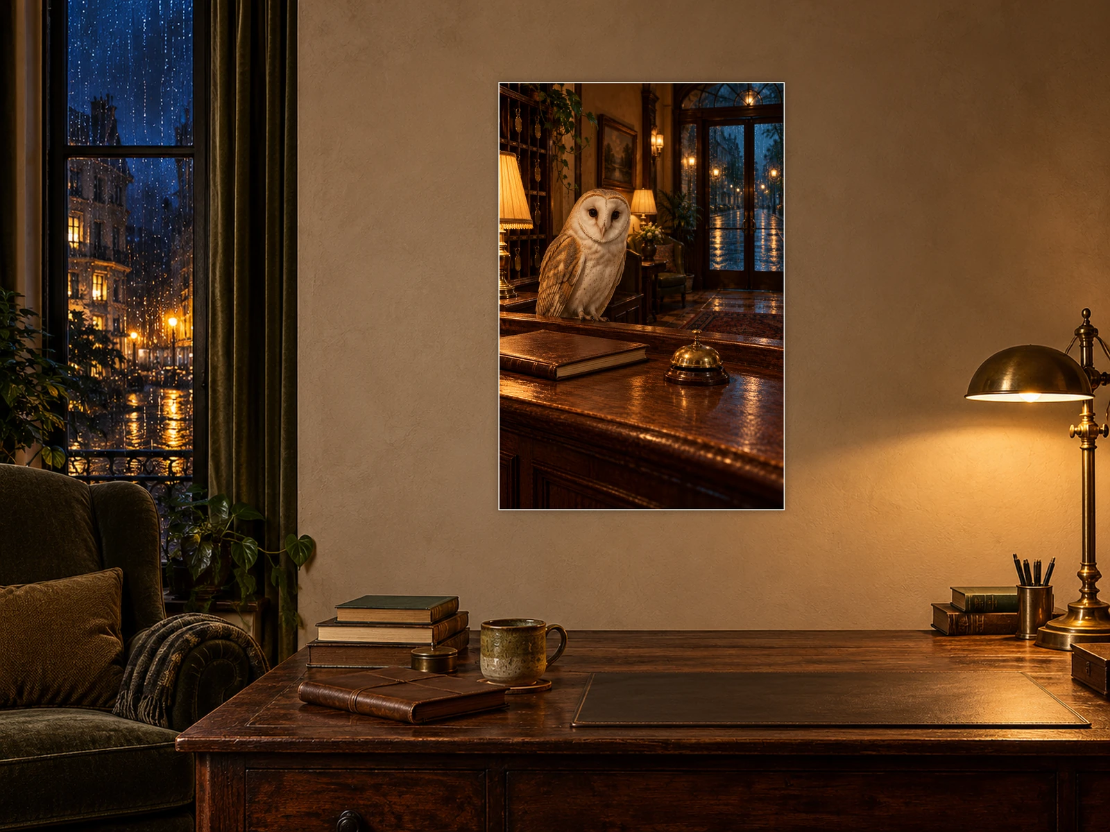 The Overnight Desk unframed poster displayed in a study