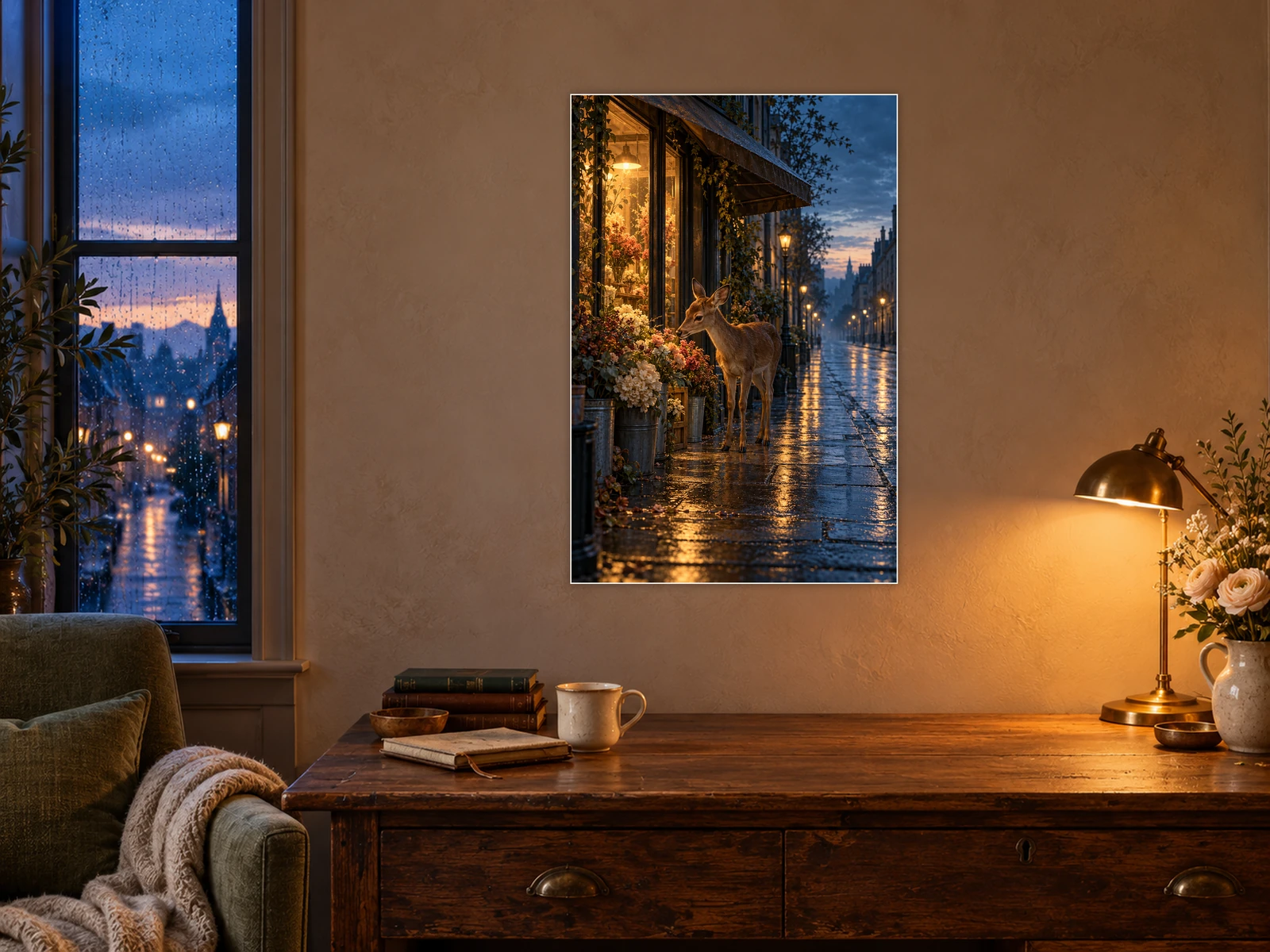Before the City Wakes unframed poster displayed in a study