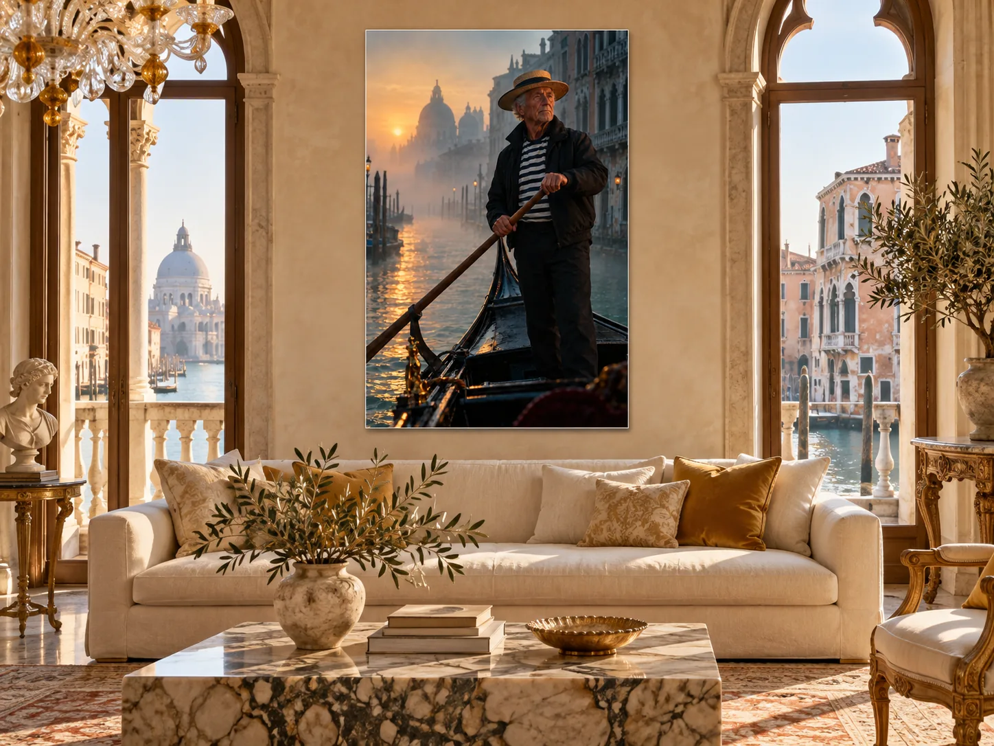 venetian-gondolier unframed art displayed in a living room