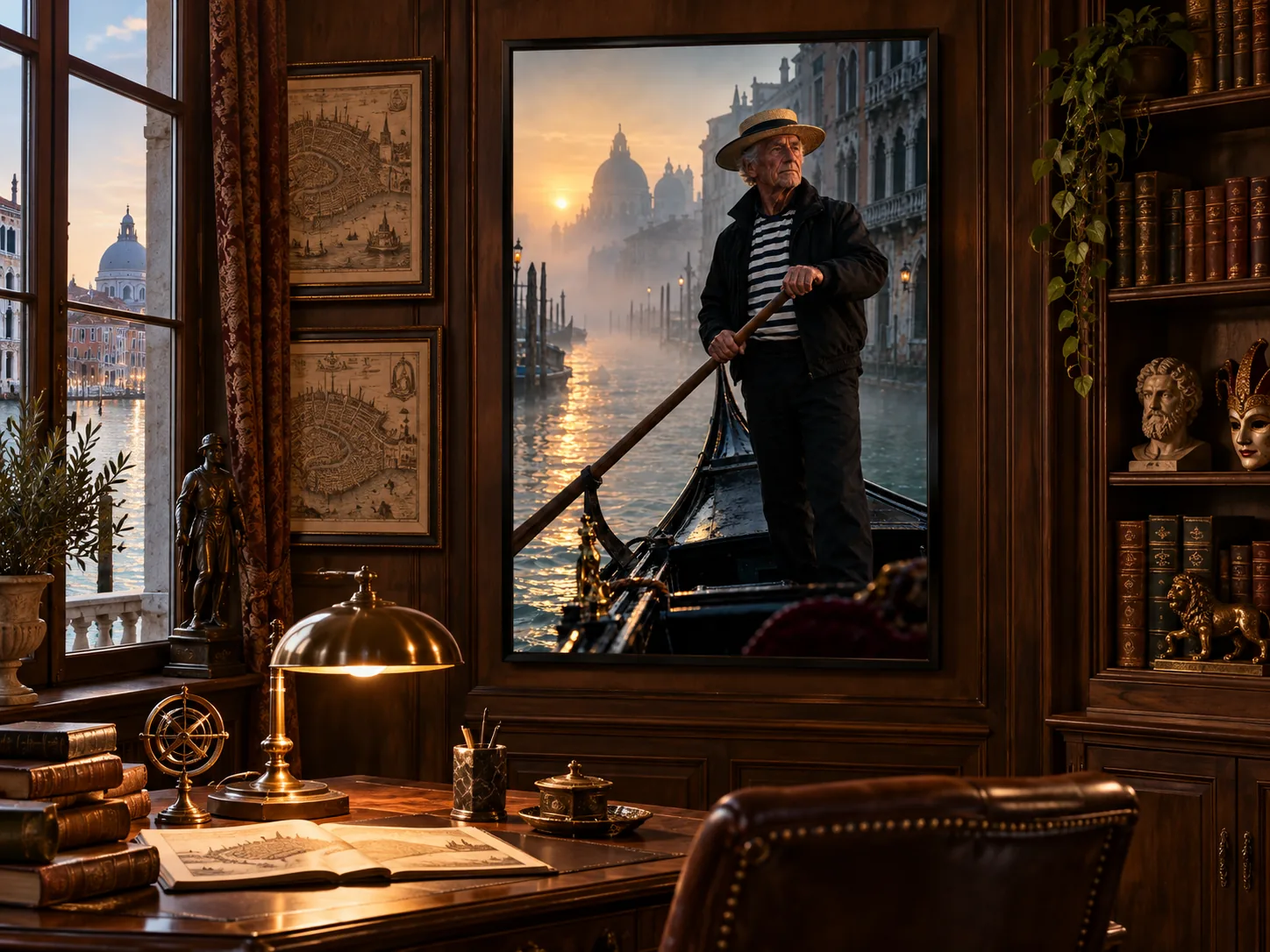 venetian-gondolier black-framed art displayed in a room