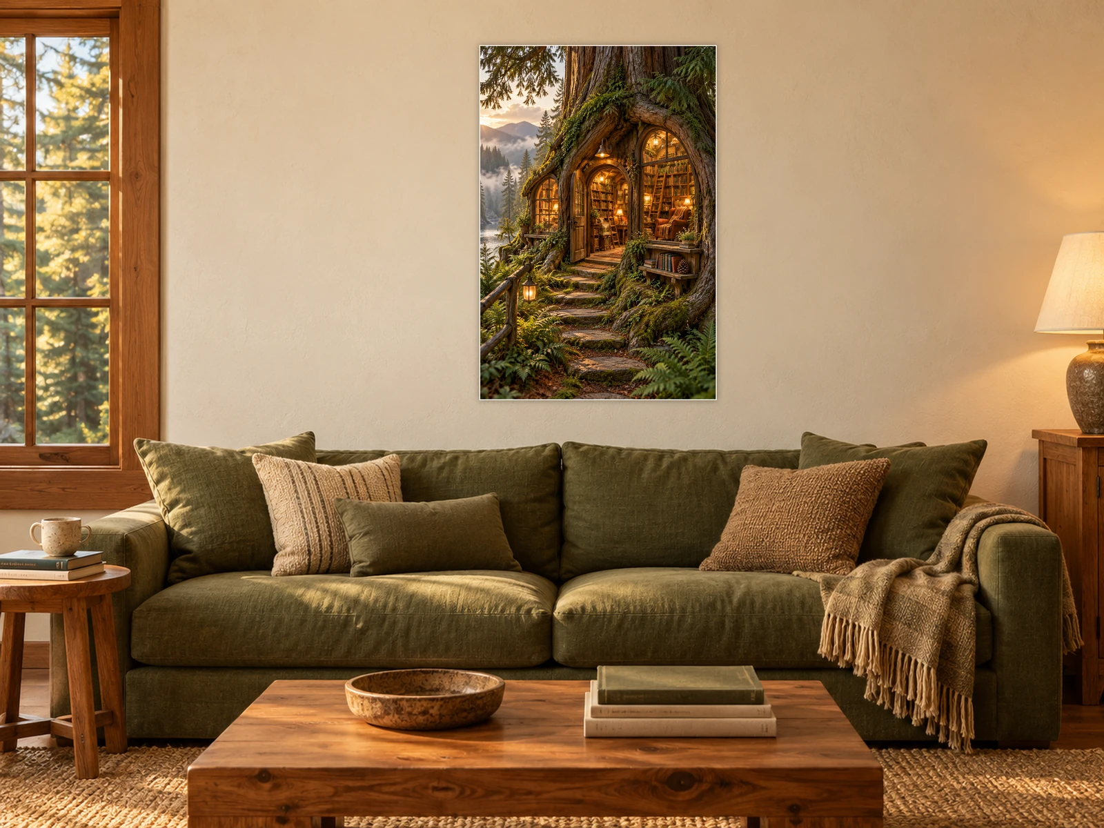 The Cedar Bookshop unframed poster displayed in a styled living room
