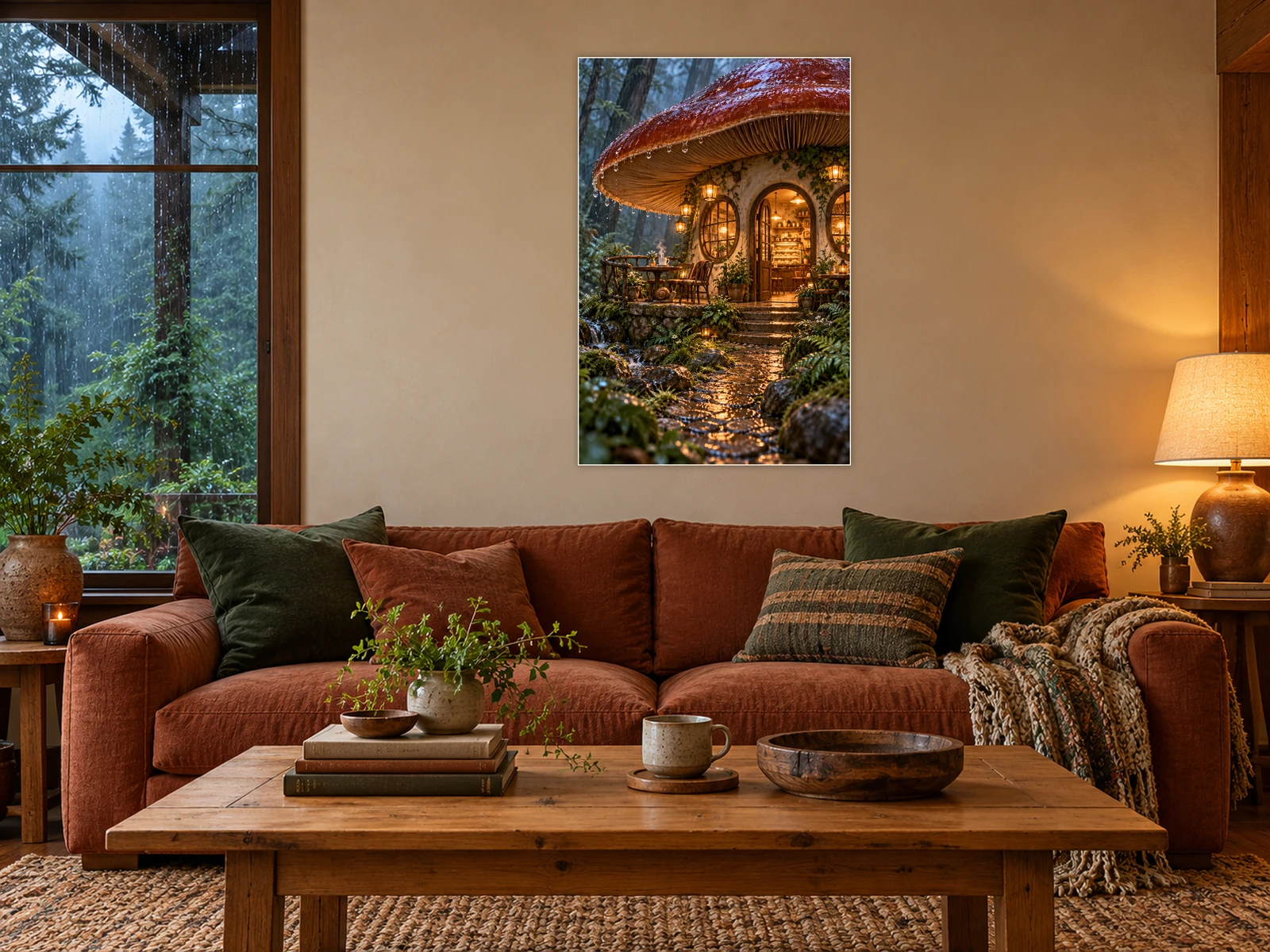 Raincheck Café unframed poster displayed in a living room