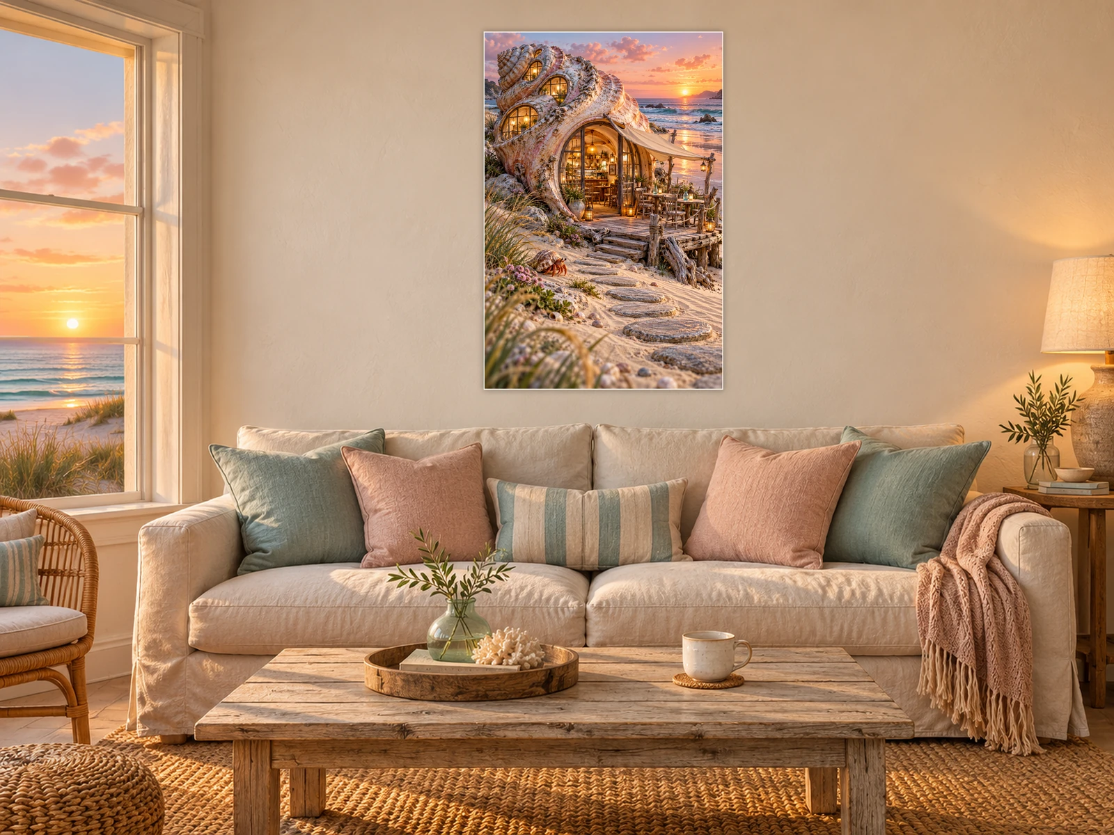 A Table by the Tide unframed poster displayed in a styled living room