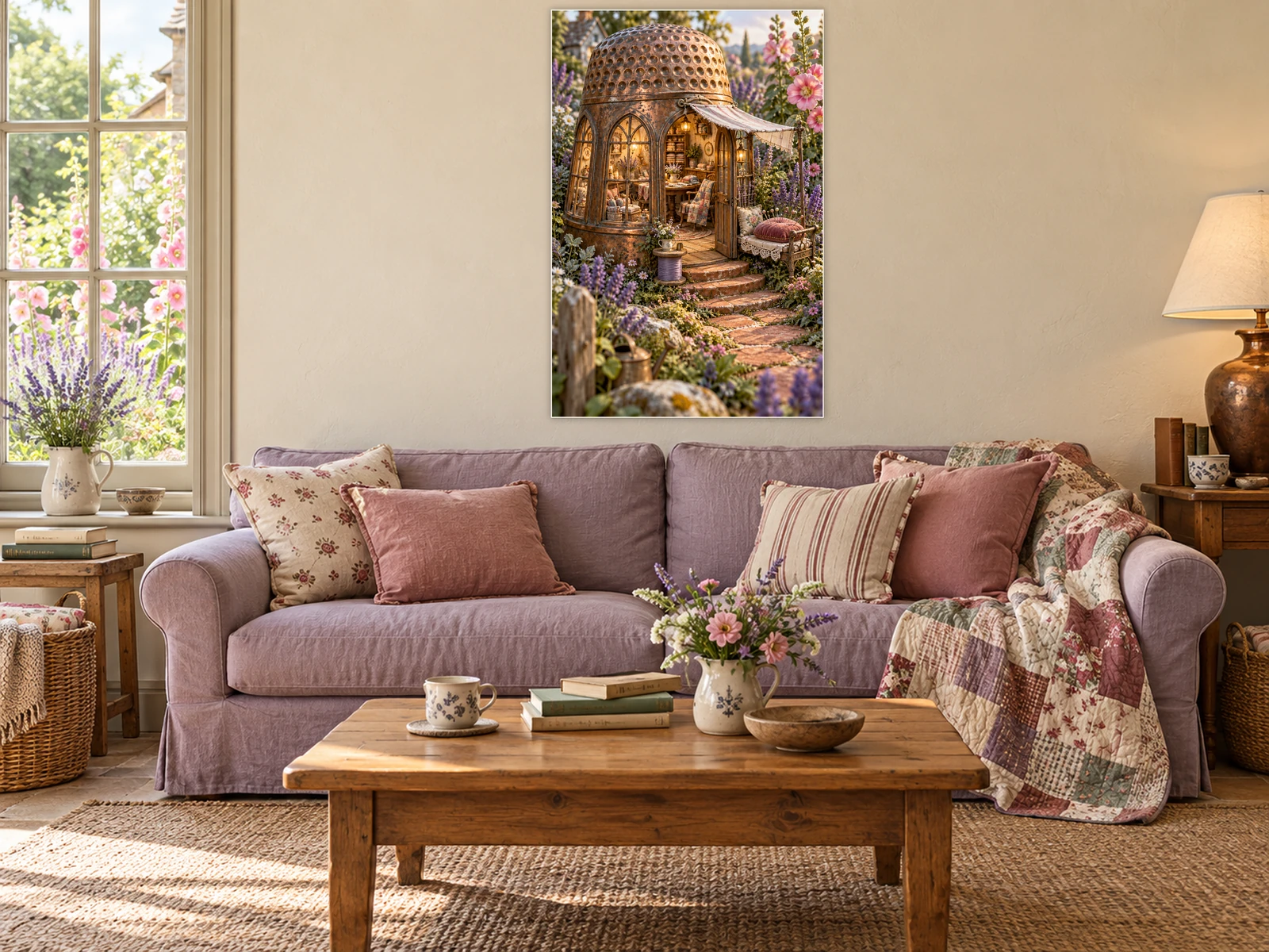 The Thimble Stitch Club unframed poster displayed in a styled living room