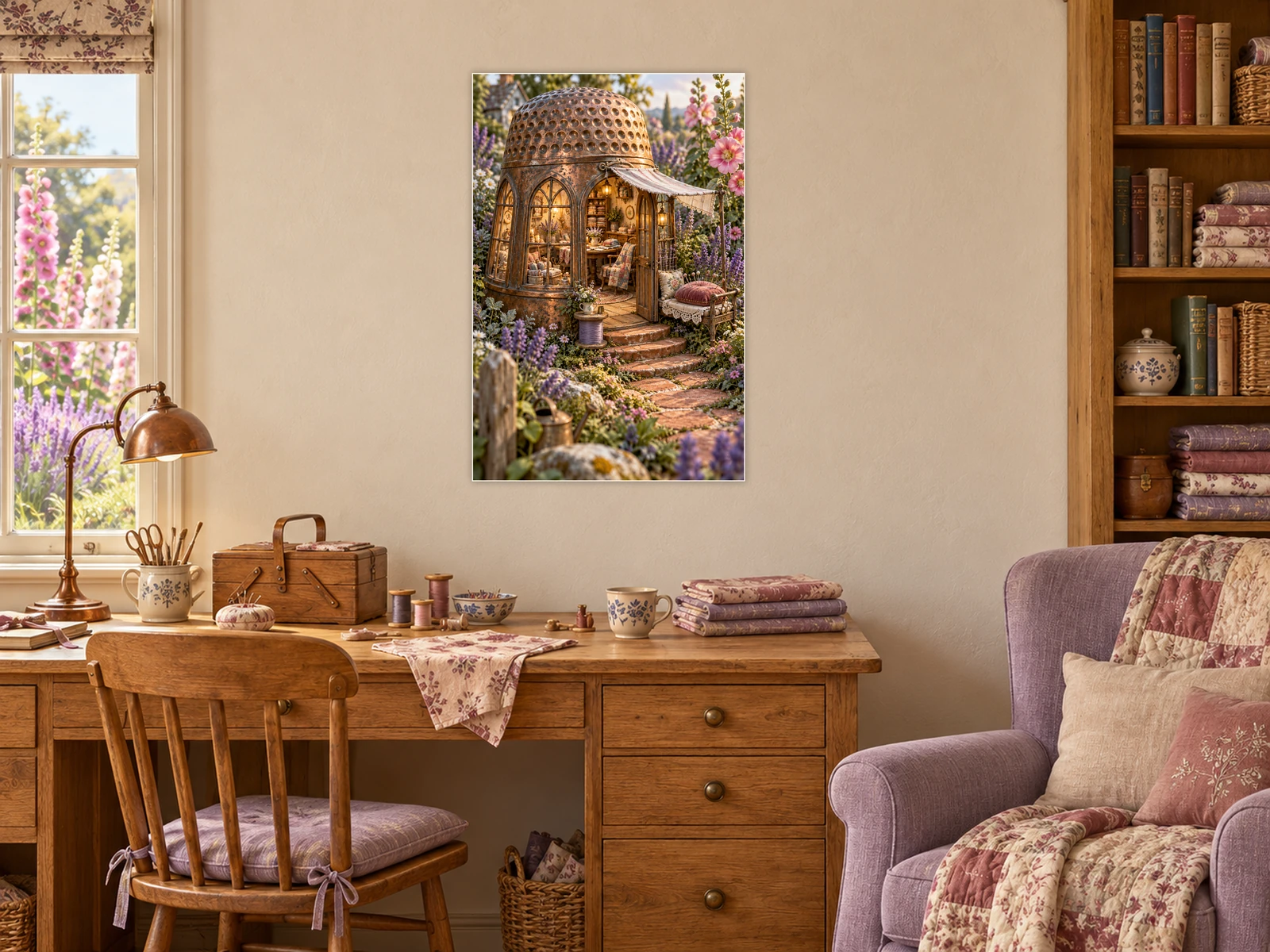 The Thimble Stitch Club unframed poster displayed in a study