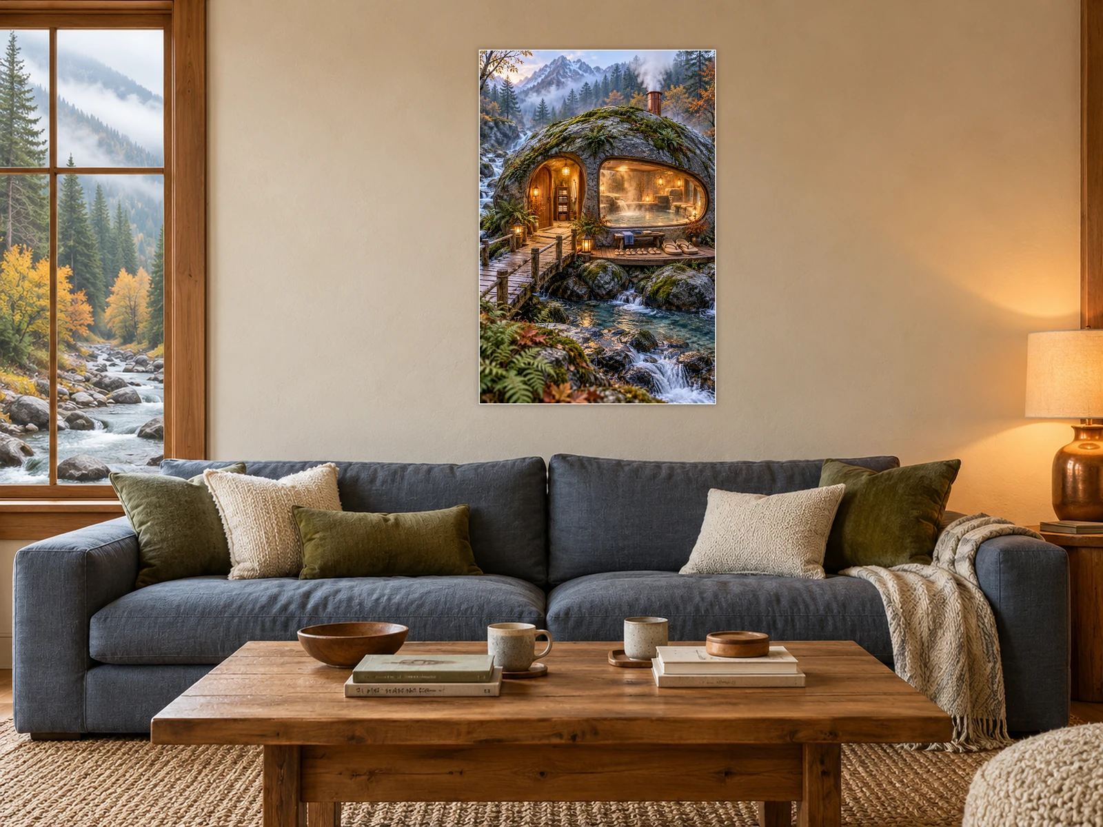 The Riverstone Bathhouse unframed poster displayed in a styled living room