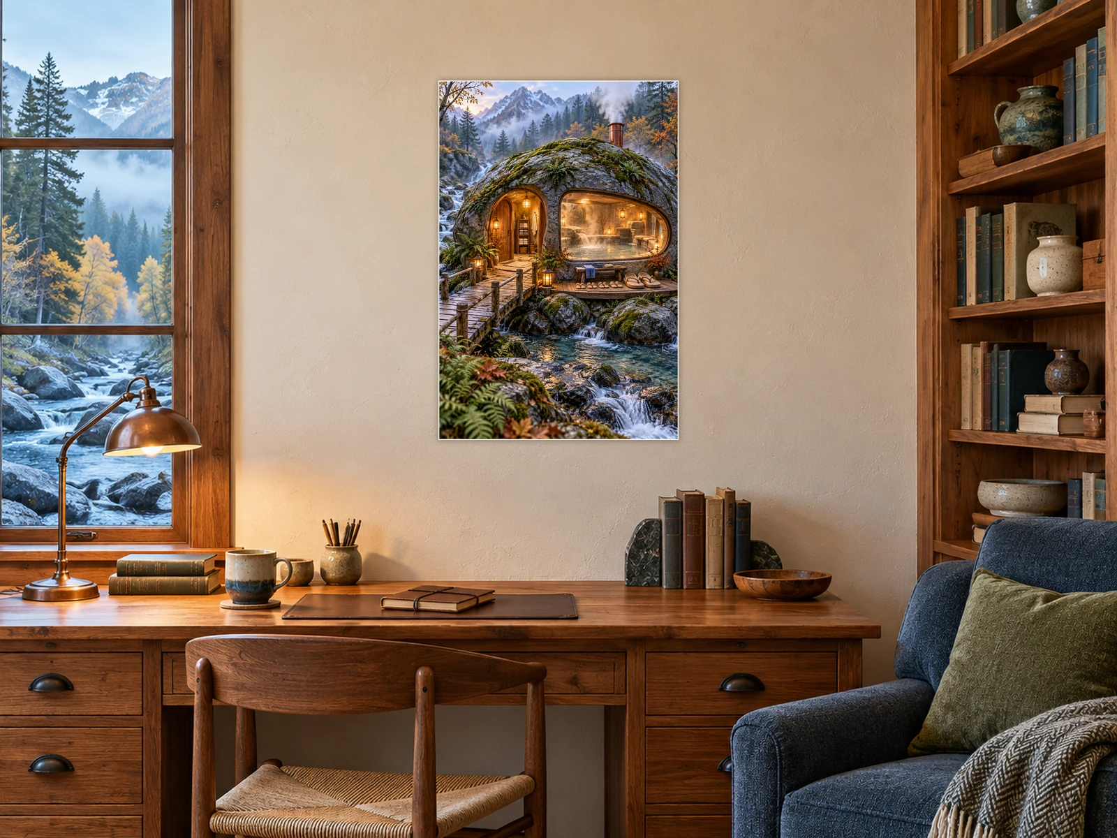 The Riverstone Bathhouse unframed poster displayed in a study