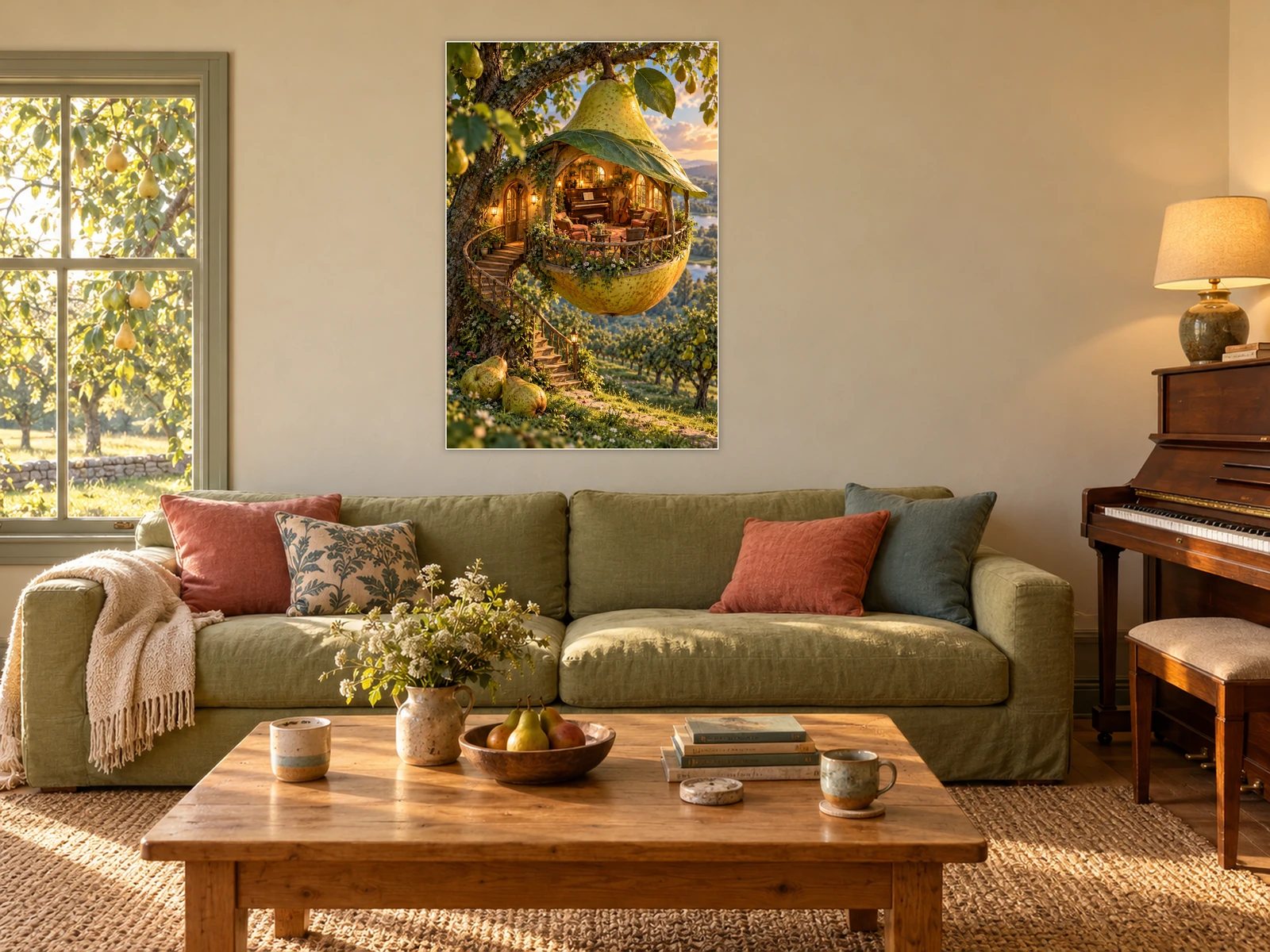 The Pear Tree Pavilion unframed poster displayed in a styled living room