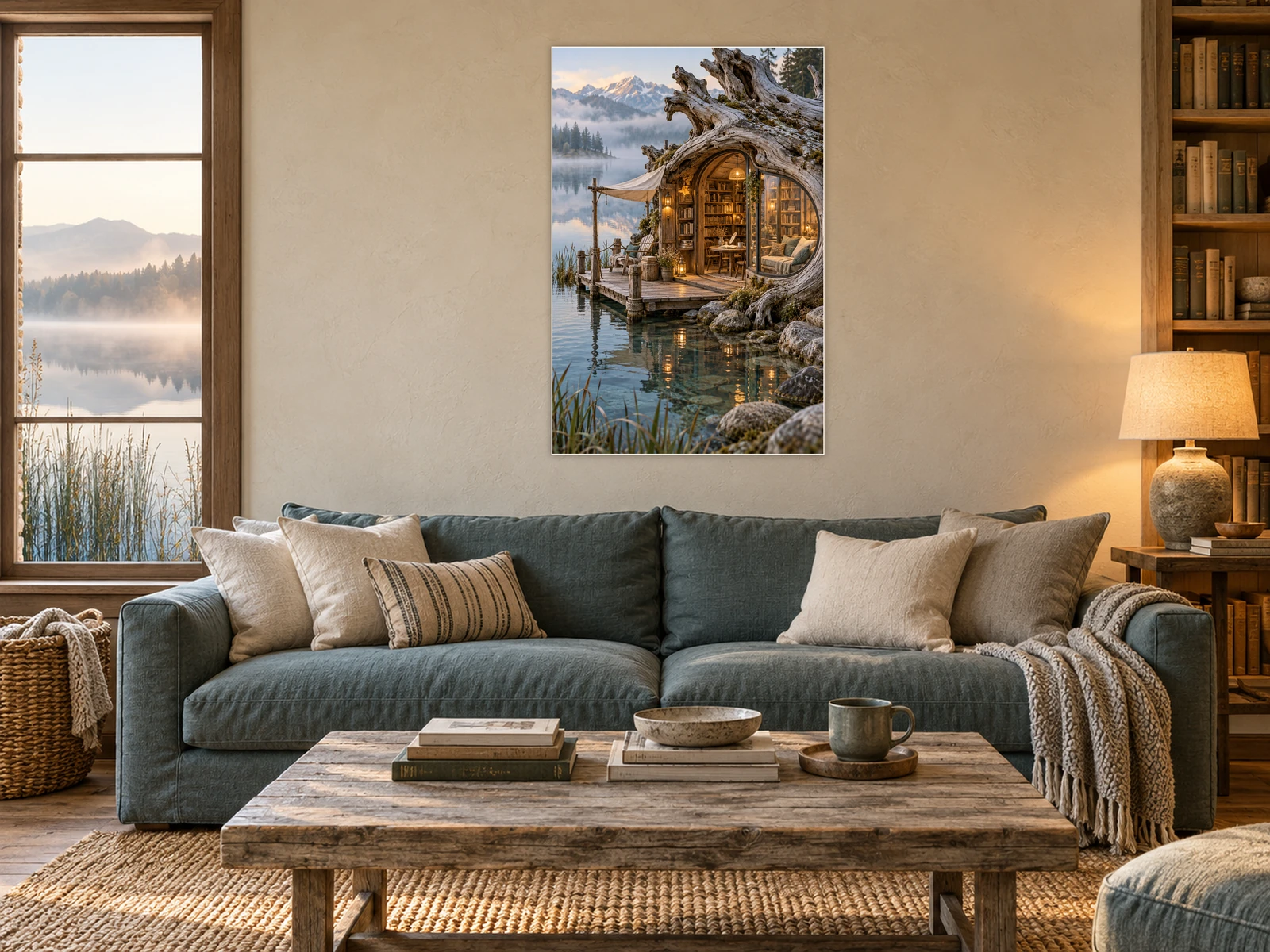 The Driftwood Reading Dock unframed poster displayed in a styled living room