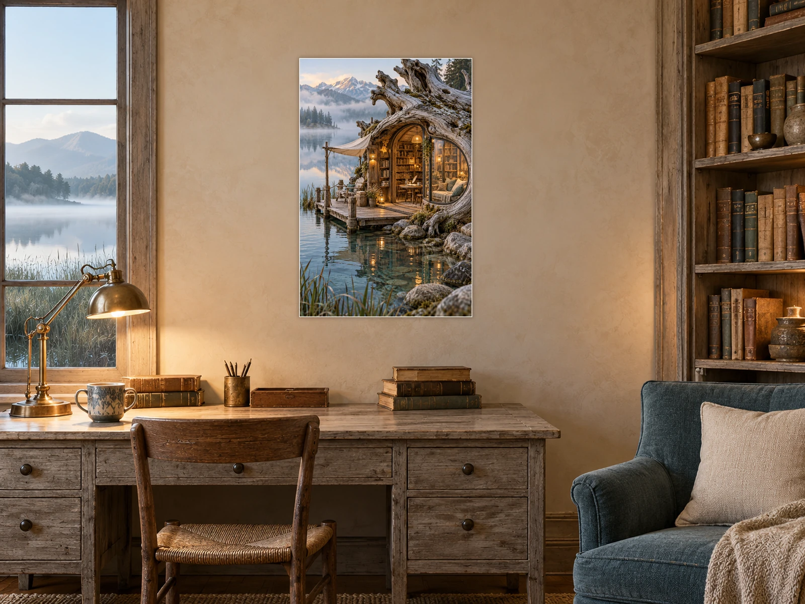 The Driftwood Reading Dock unframed poster displayed in a study