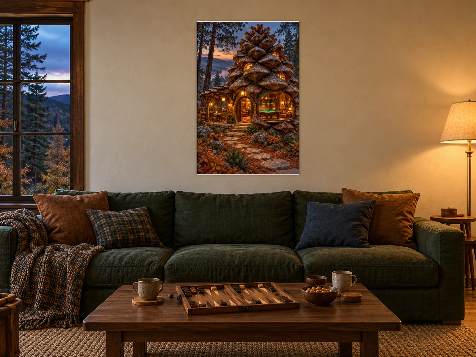 The Pinecone Games Hall unframed poster displayed in a styled living room