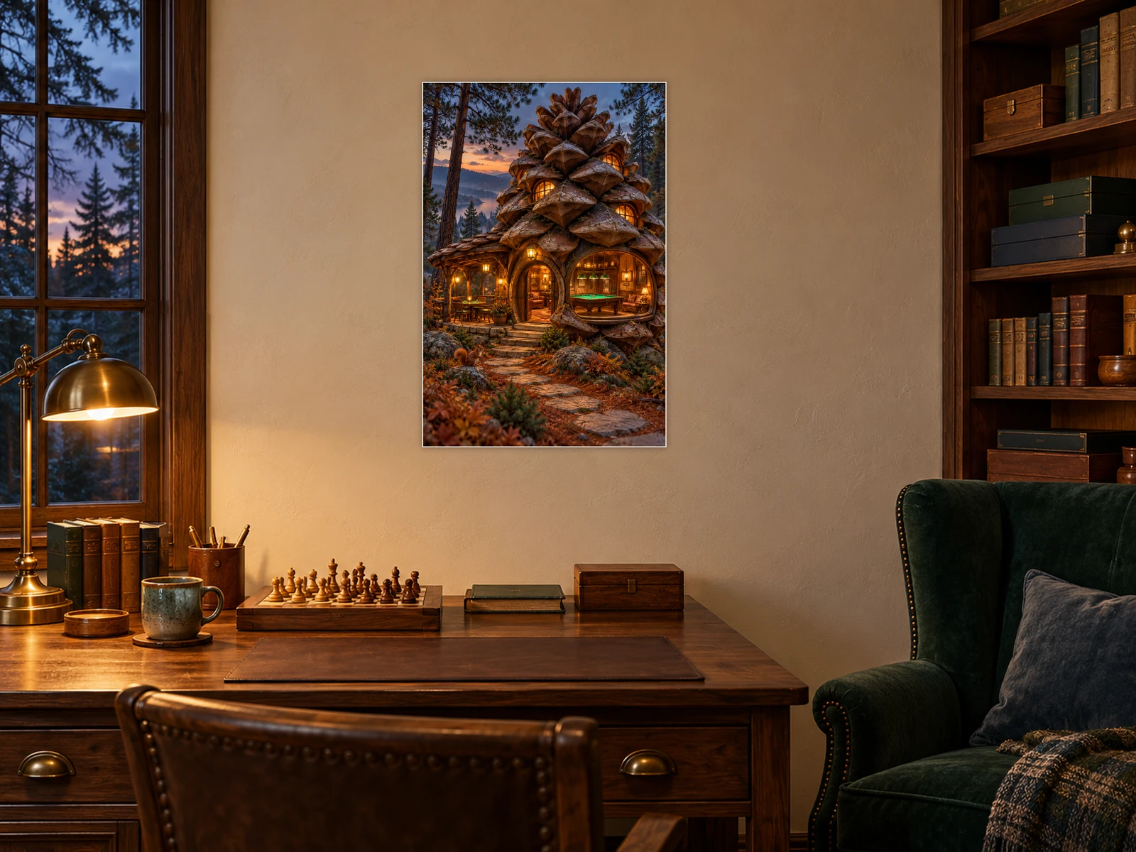 The Pinecone Games Hall unframed poster displayed in a study
