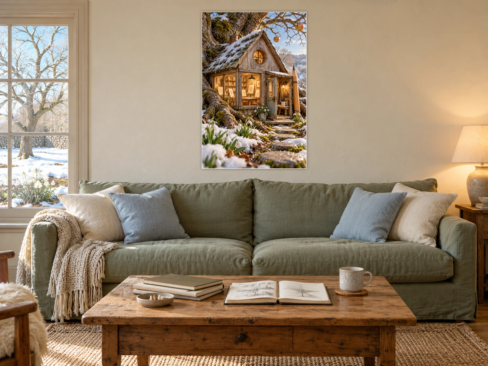 The Snowdrop Sketch Room unframed poster displayed in a styled living room