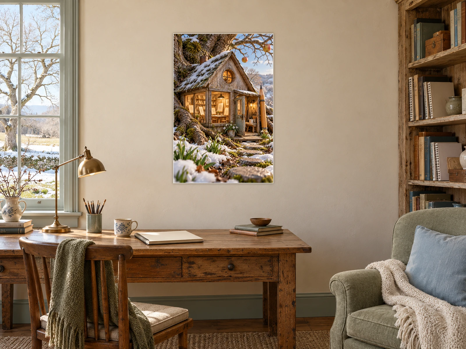 The Snowdrop Sketch Room unframed poster displayed in a study