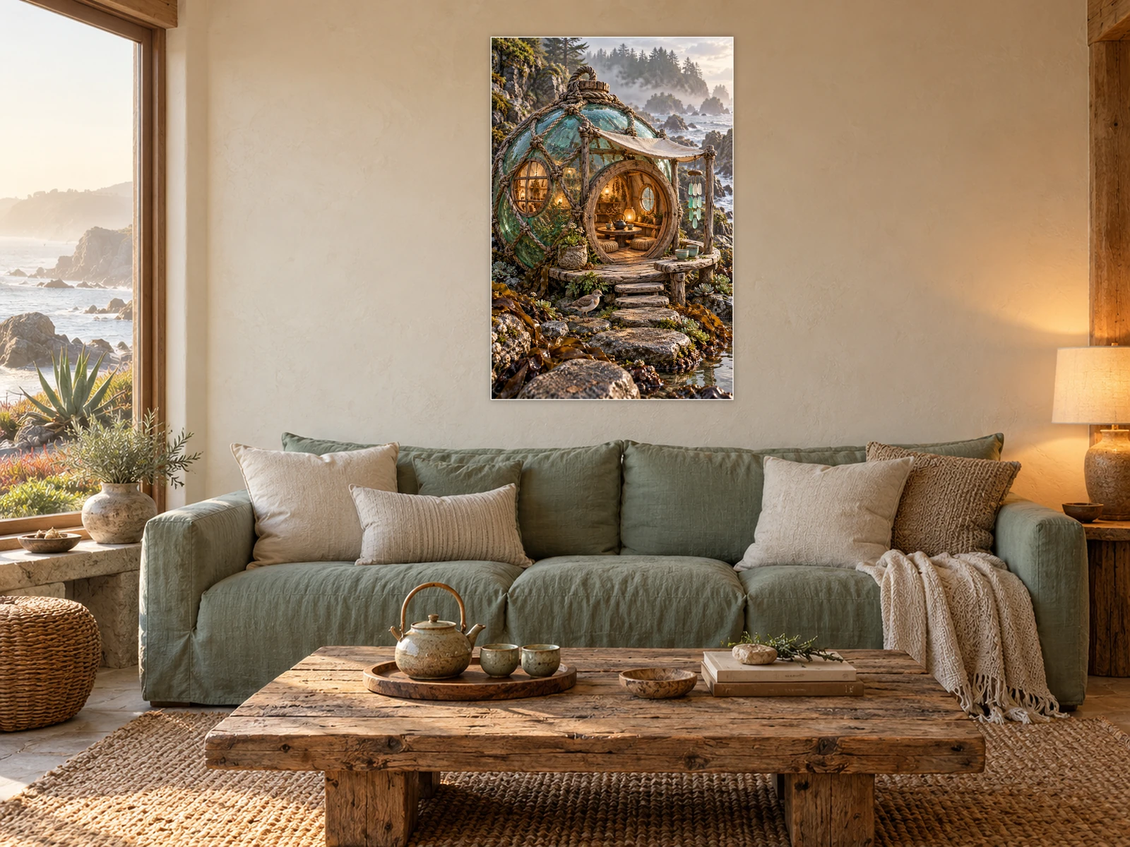The Pebble & Kelp Tea House unframed poster displayed in a styled living room