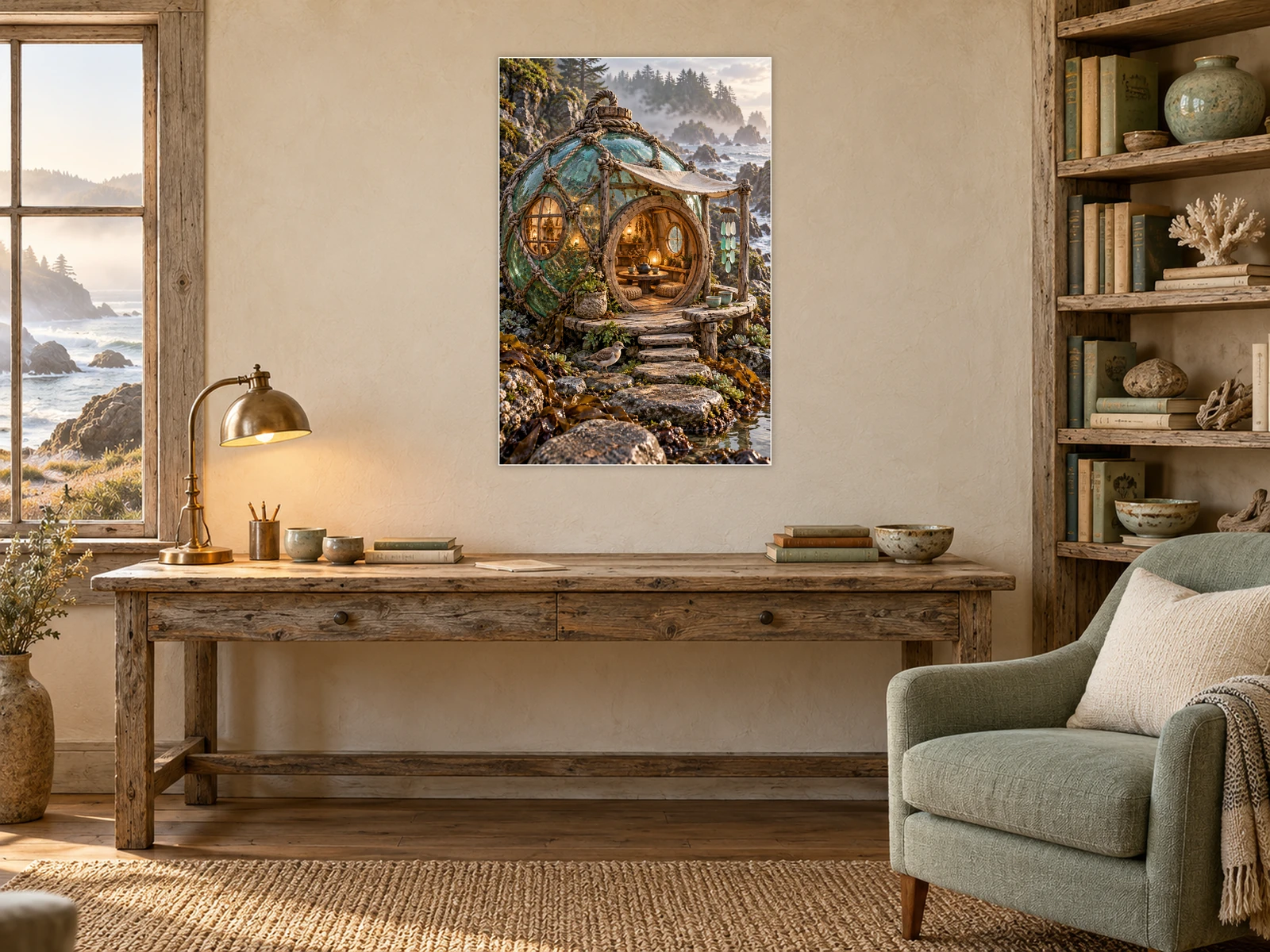 The Pebble & Kelp Tea House unframed poster displayed in a study
