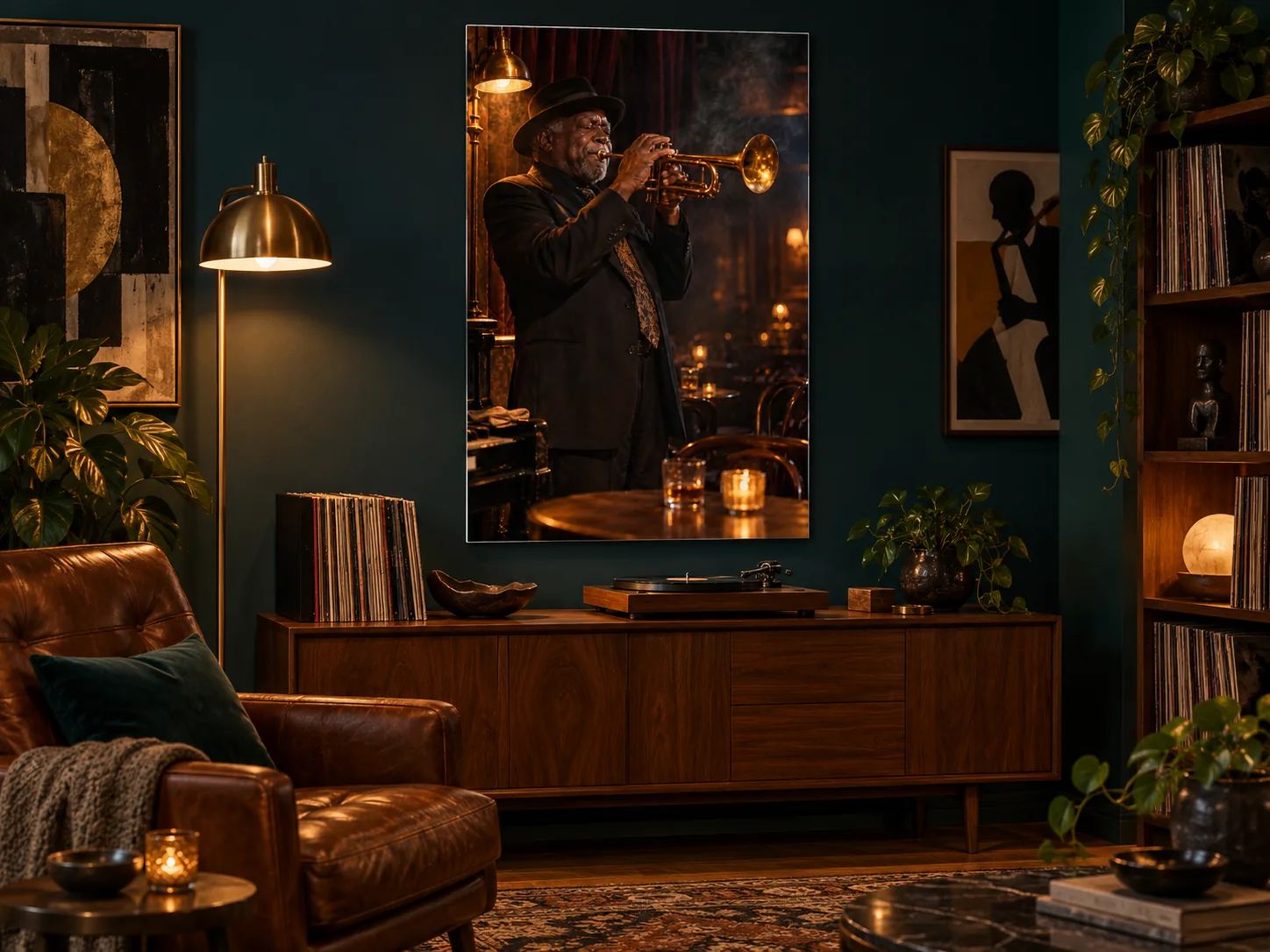 jazz-trumpeter unframed art displayed in a living room