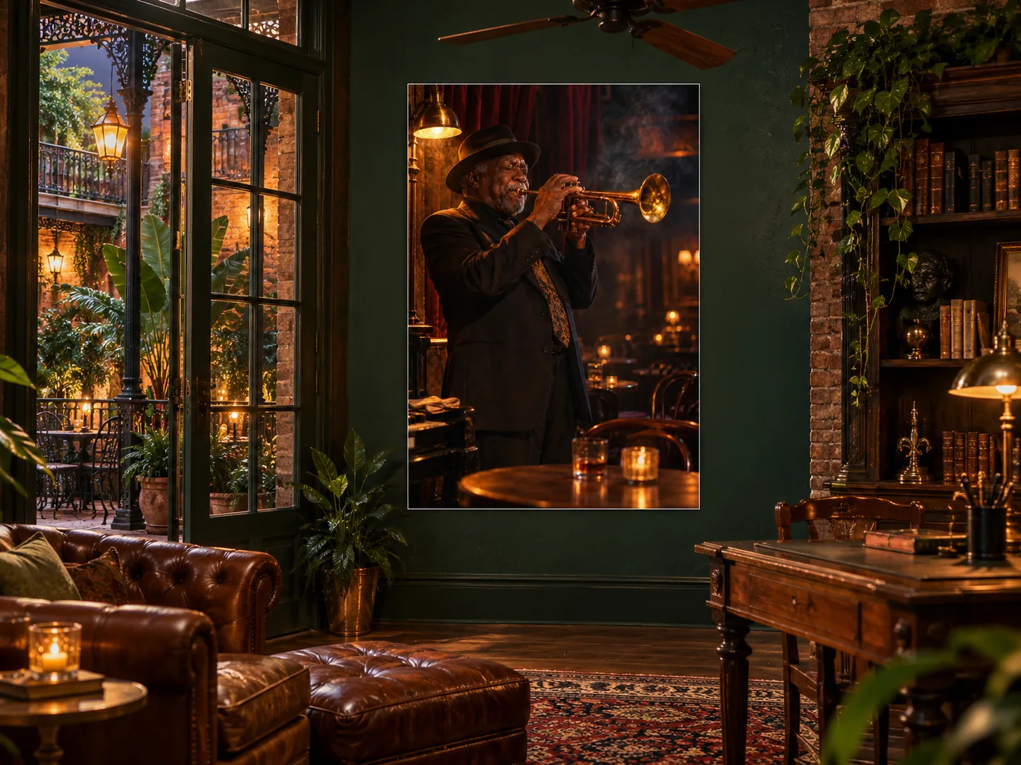 jazz-trumpeter unframed poster displayed in a second room