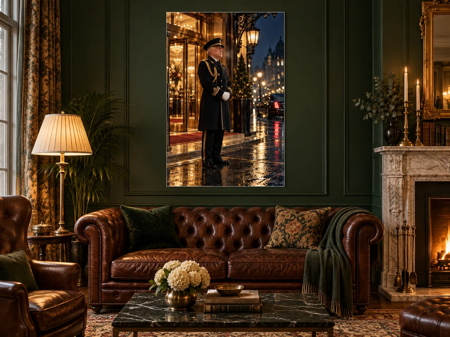grand-hotel-doorman unframed art displayed in a living room