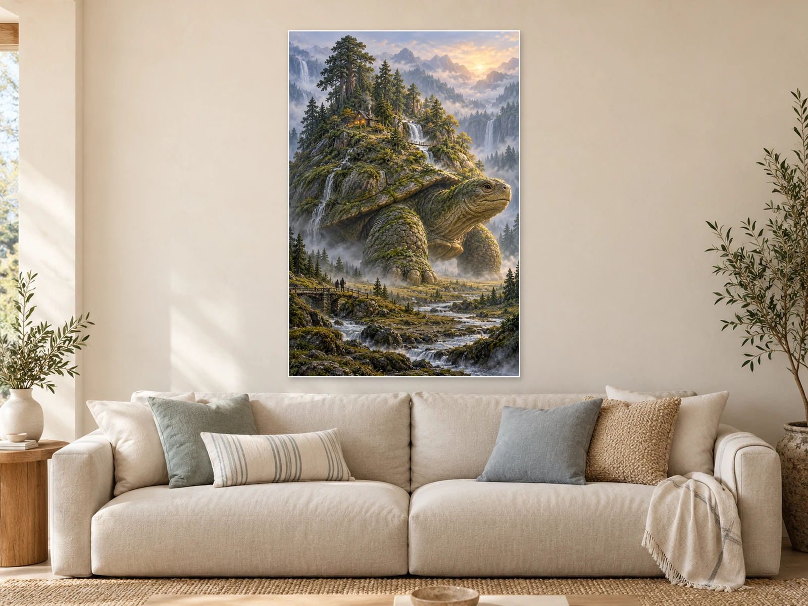 The Wandering Woodland unframed poster displayed in a styled living room