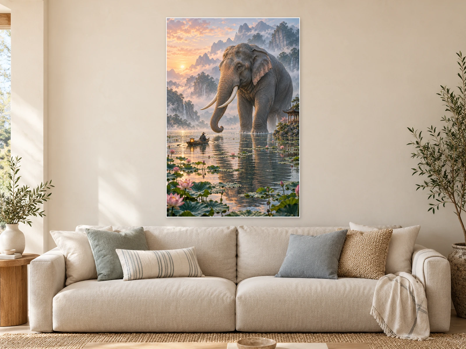 Keeper of the Lotus Lake unframed poster displayed in a styled living room