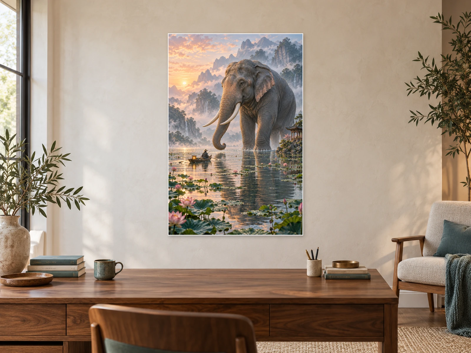 Keeper of the Lotus Lake unframed poster displayed in a study