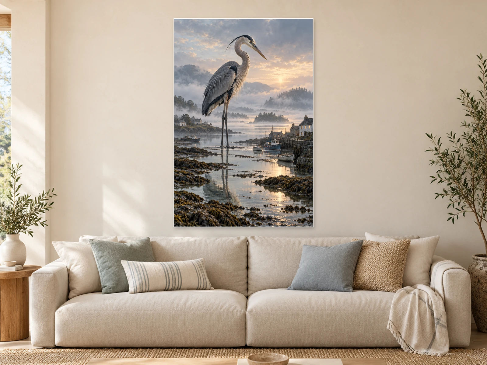 The Heron at Low Tide unframed poster displayed in a styled living room