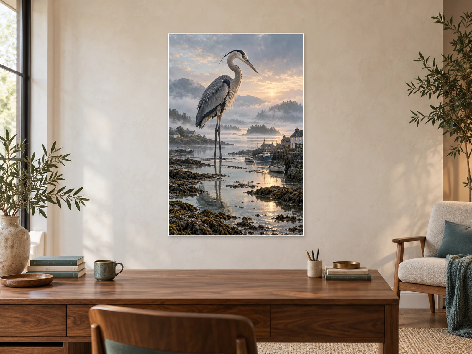 The Heron at Low Tide unframed poster displayed in a study