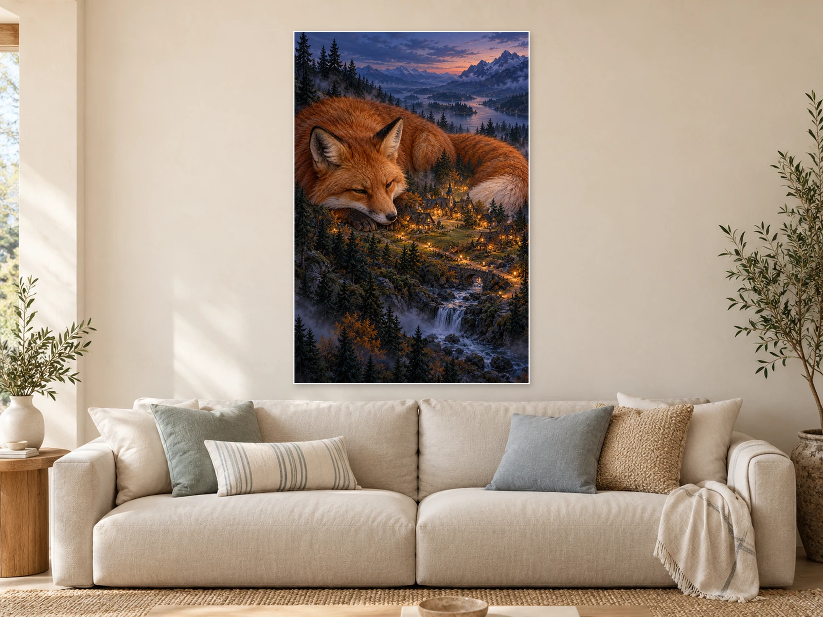 Lanterns Beneath the Fox unframed poster displayed in a living room