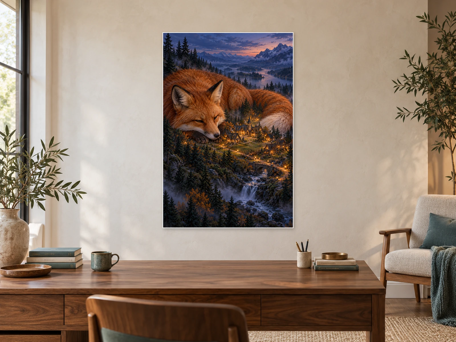 Lanterns Beneath the Fox unframed poster displayed in a study