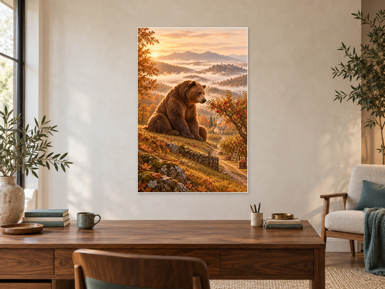 The Orchard Bear unframed poster displayed in a study