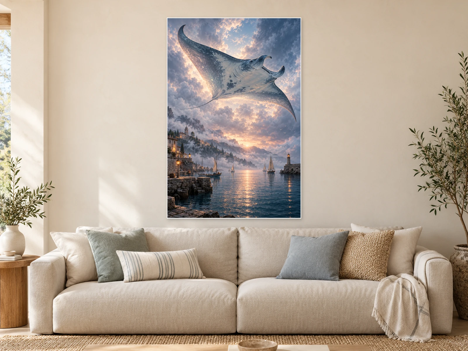 A Manta Above the Harbour unframed poster displayed in a styled living room
