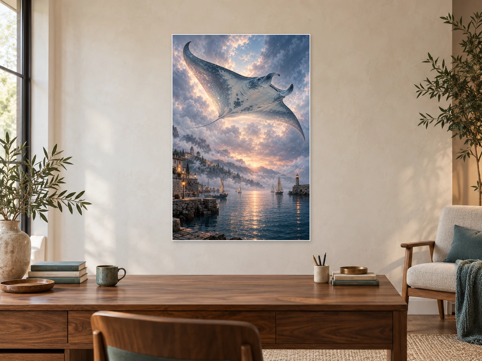 A Manta Above the Harbour unframed poster displayed in a study