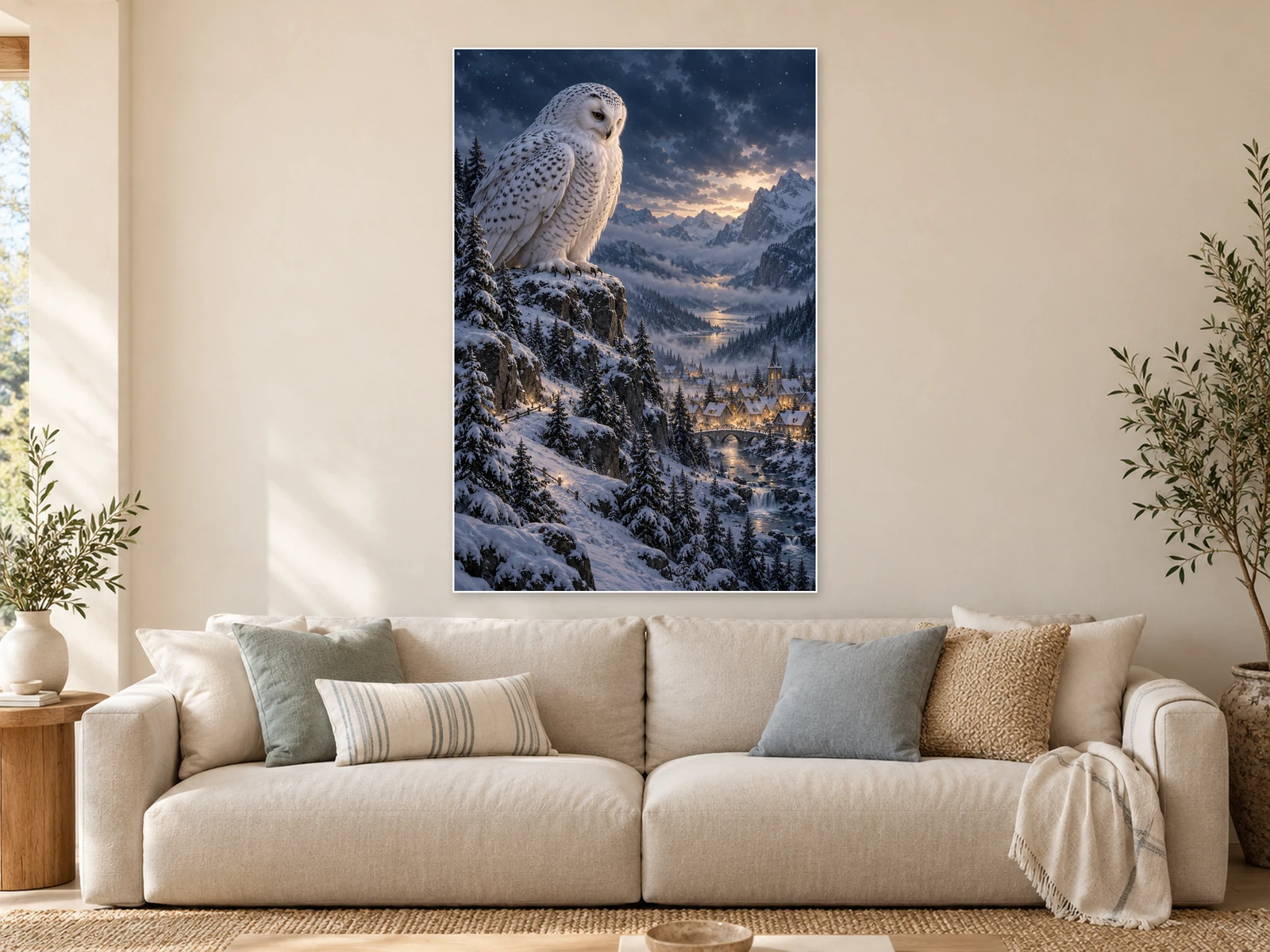 The Winter Listener unframed poster displayed in a styled living room
