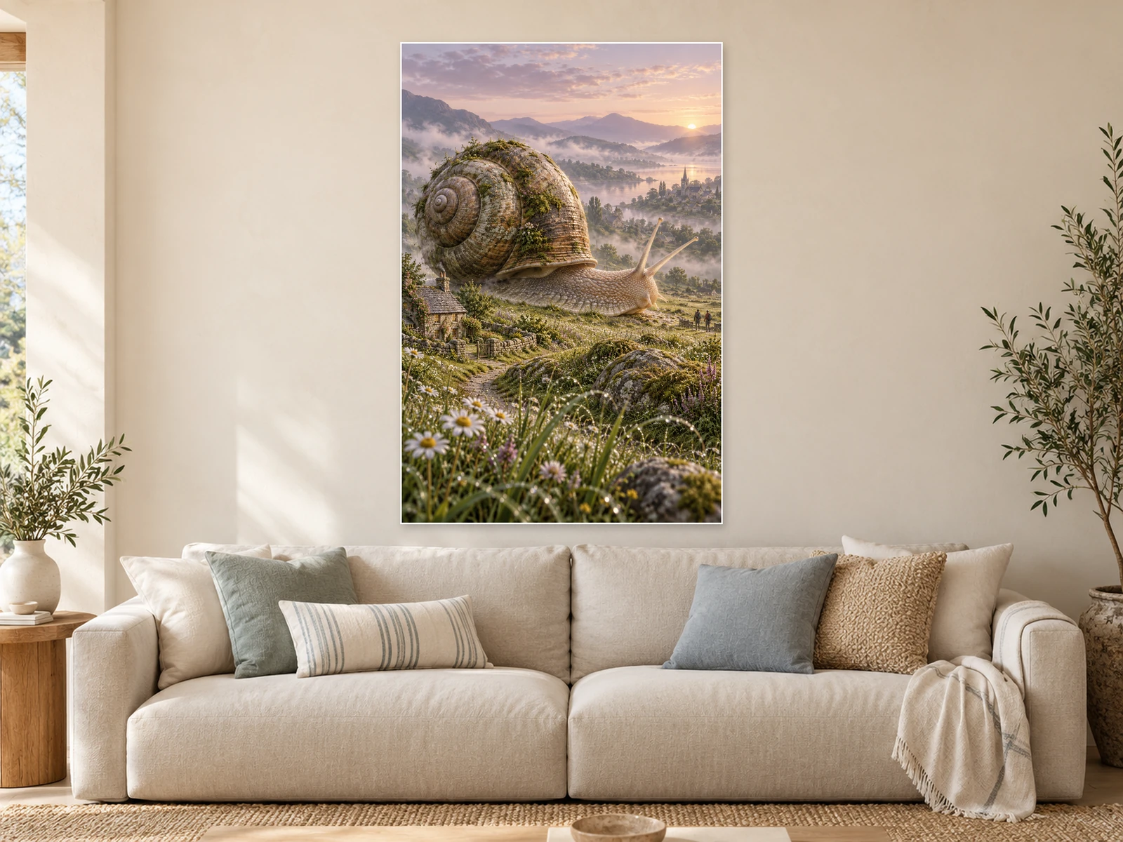 The Meadow’s Slow Visitor unframed poster displayed in a styled living room
