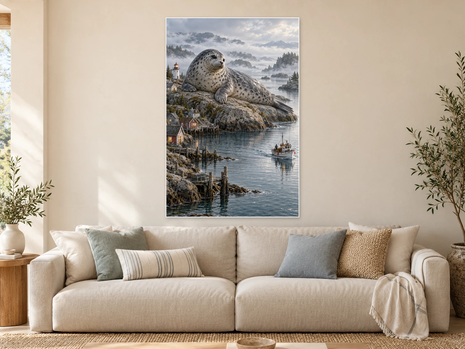 The Harbour Seal’s Rest unframed poster displayed in a styled living room