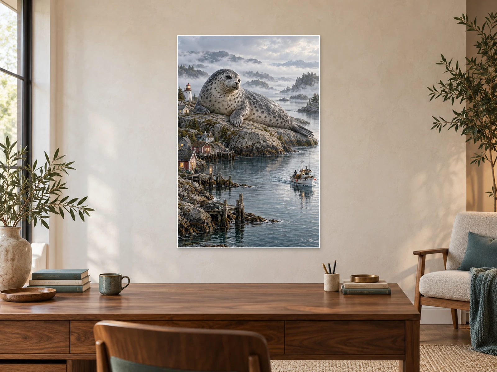 The Harbour Seal’s Rest unframed poster displayed in a study