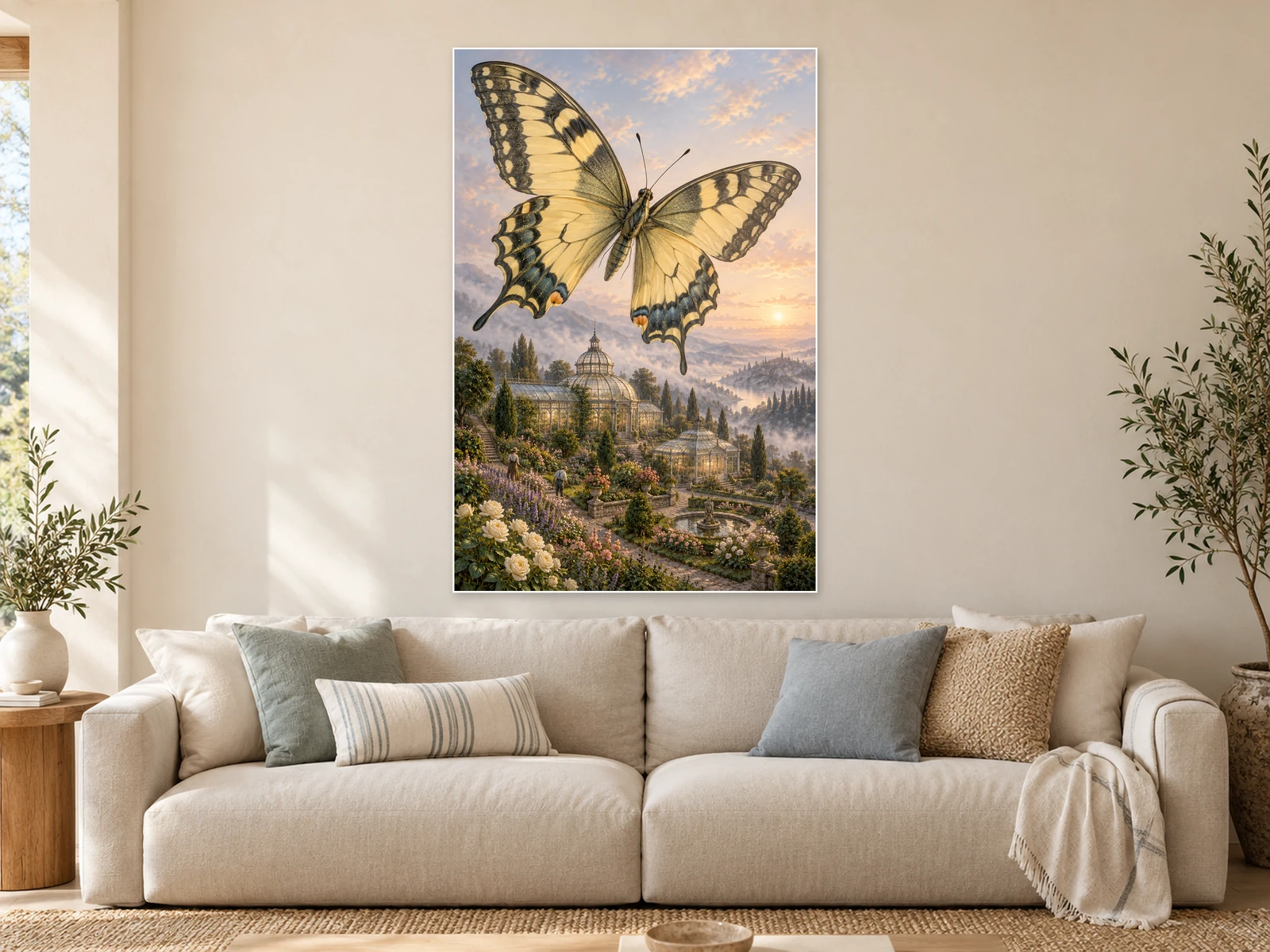 The Butterfly over the Glasshouses unframed poster displayed in a styled living room