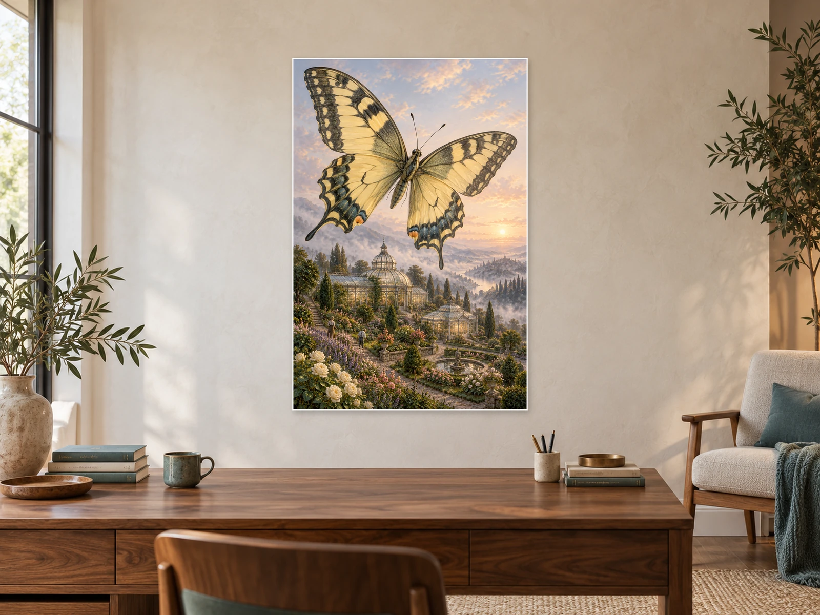The Butterfly over the Glasshouses unframed poster displayed in a study