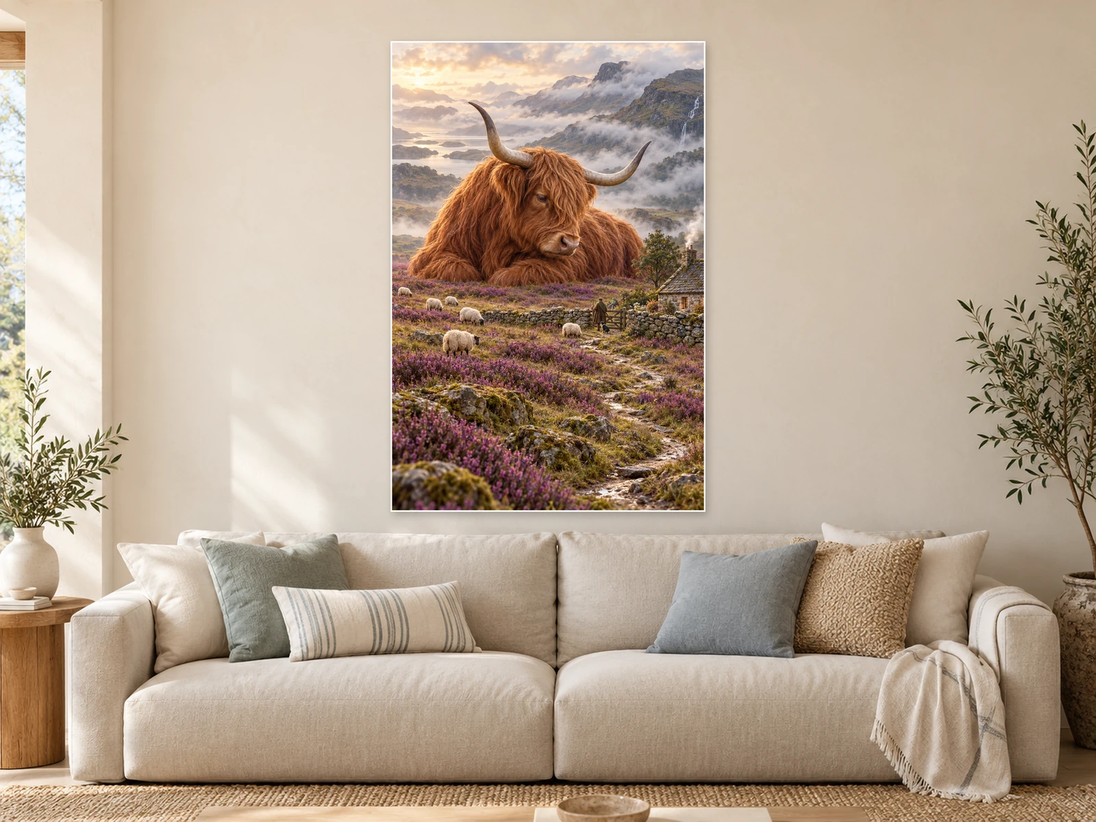 The Highland Stillness unframed poster displayed in a styled living room