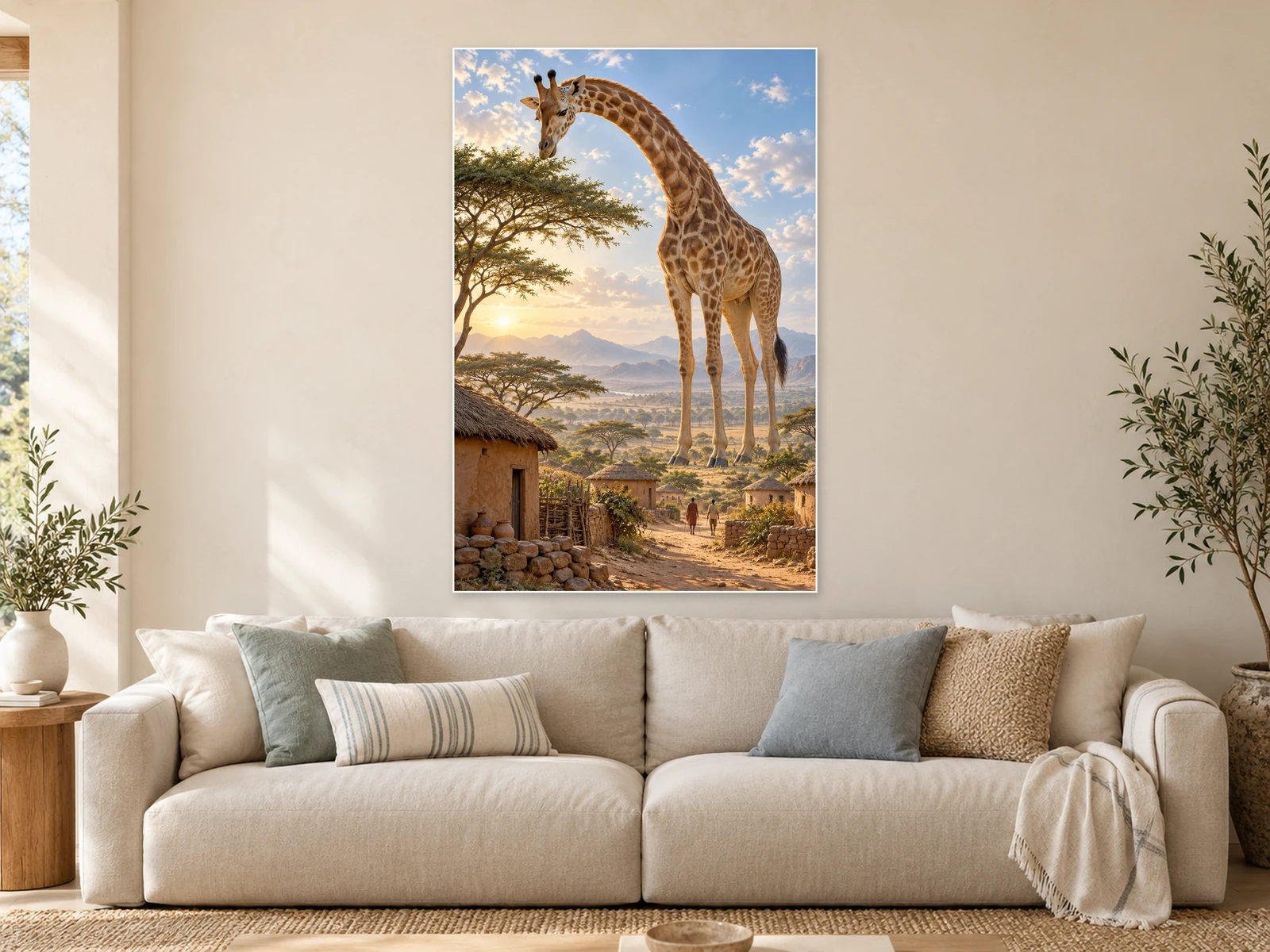 The Giraffe beyond the Acacias unframed poster displayed in a styled living room