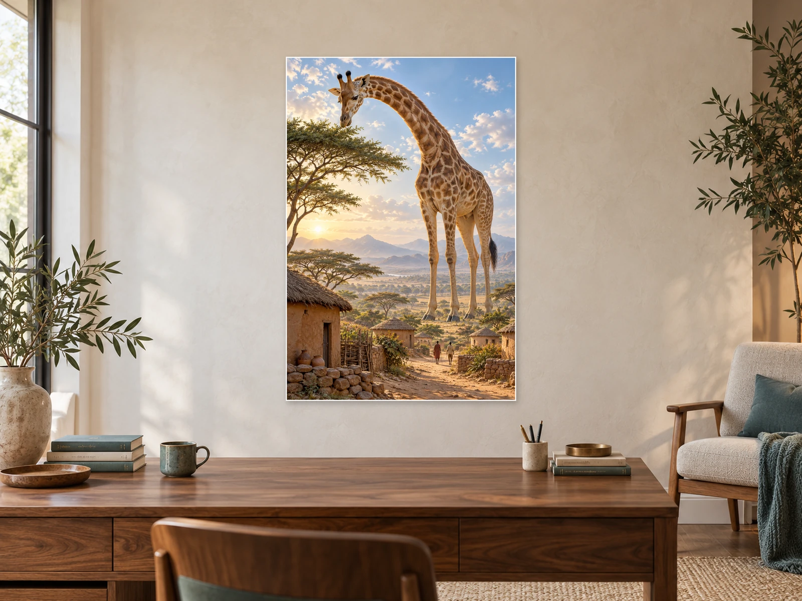 The Giraffe beyond the Acacias unframed poster displayed in a study