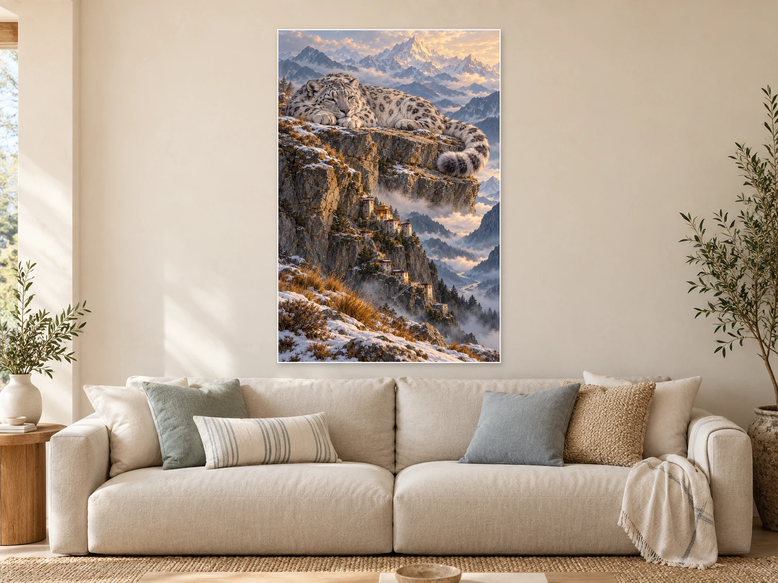 The Mountain’s Sleeping Cat unframed poster displayed in a styled living room
