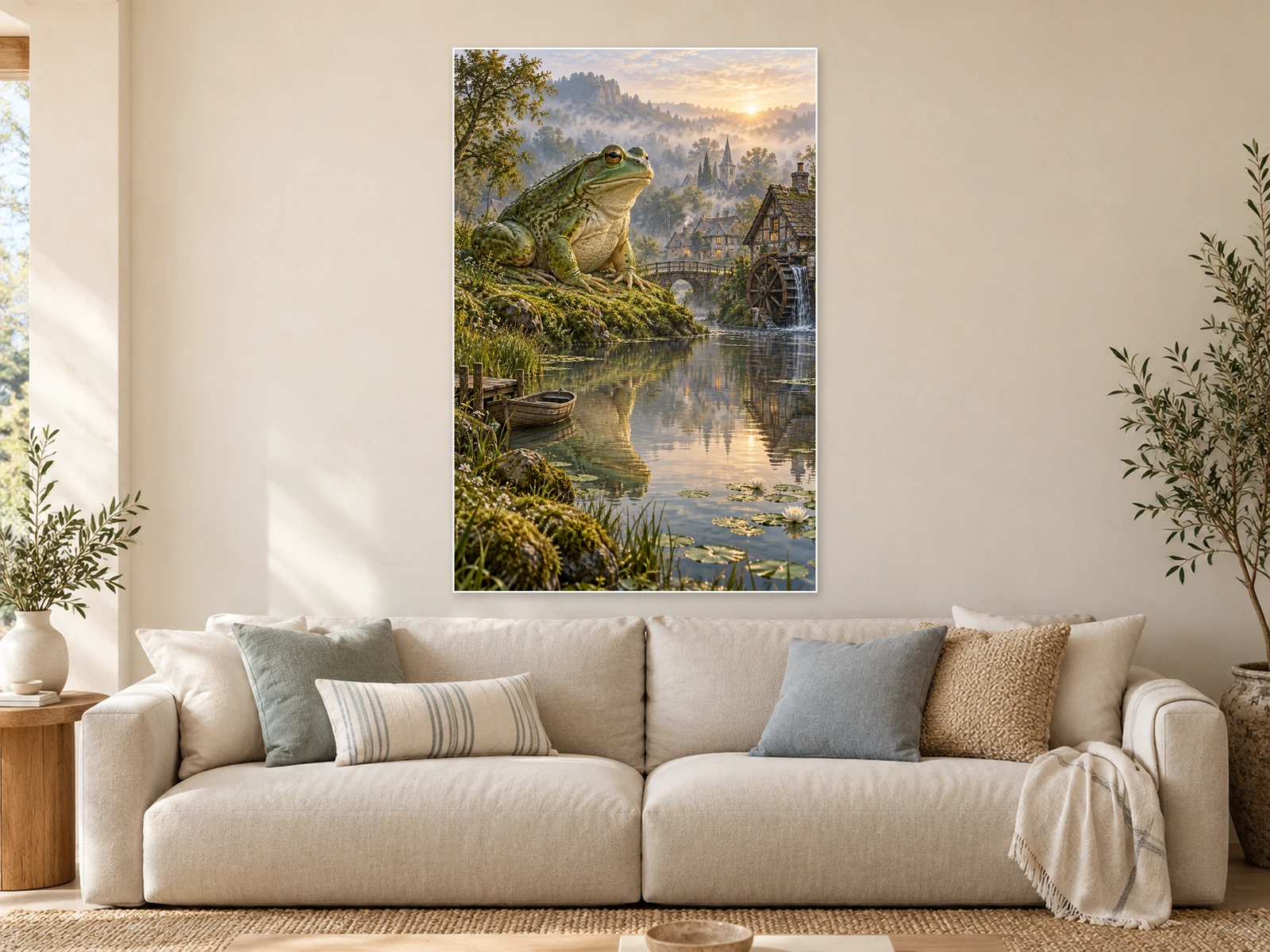 The Frog at the Millpond unframed poster displayed in a styled living room